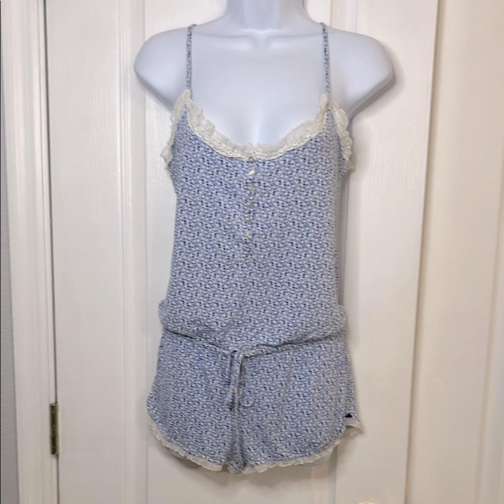 Women's Blue Floral Lace Trim Sleepwear Set